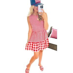 Americana Gingham Plaid Cottagecore Prairie Mini Dress  Size Large Red White
